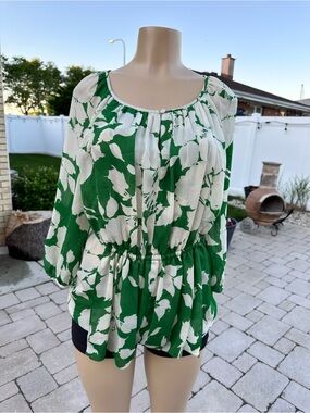 Talbots Womens Blouse Green Lvory Floral Tie Waist Chiffon Top size 10